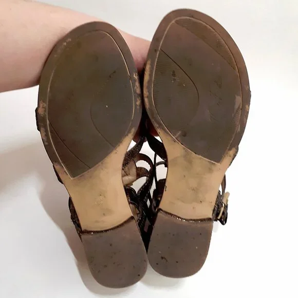 MARC FISHER Gladiator Sandals in Metallic Bronze Glitter with Gold Hardware - Picture 11 of 12